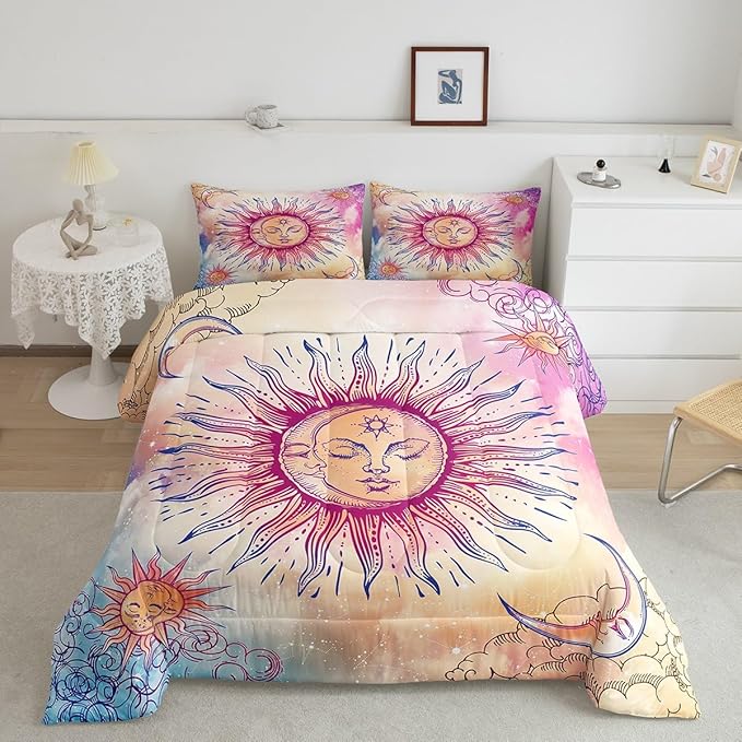 Sun and Moon Comforter Set King Stars Constellation Galaxy Bedding Set,Pink Blue Pastel Clouds Tie Dye Comforter for Kids Girls Women Boho Hippie Psychedelic Celestial Astrology Quilt Duvet Set 3 Pcs by Erosebridal