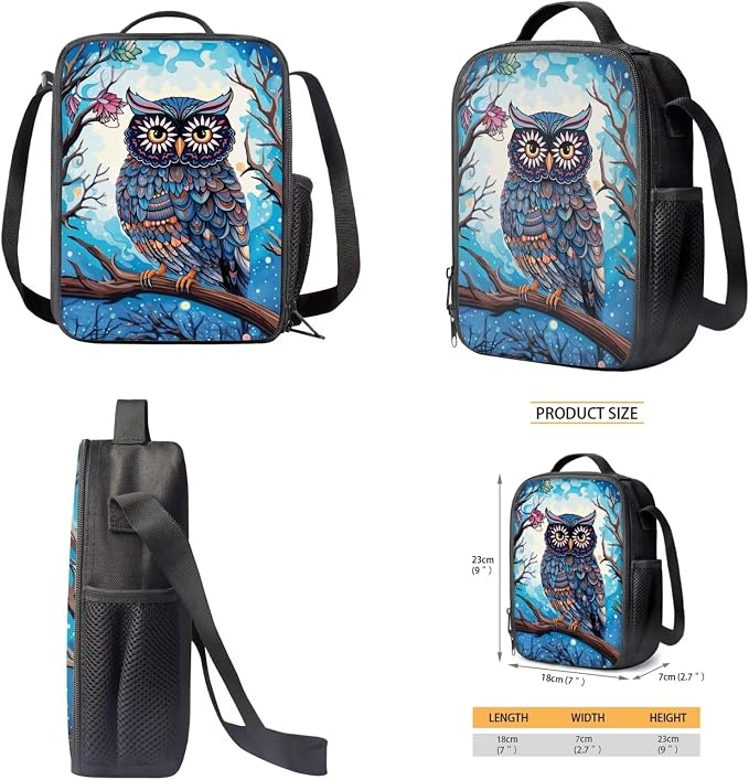 Retro Owl Branch Print Schoolbag Set for Student Backpacks Large Capacity Bookbag Lunch Box Pencil Case 17 Inch Travel Laptop Bag Fashion Rucksack Washable Daypack - Image 4
