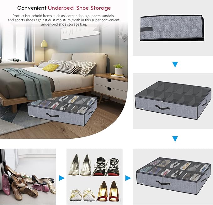 Onlyeasy Large Under Bed Shoe Organizer (6 to 12 Pairs x 2) - Underbed Shoes Closet Storage Solution with Metal Zipper and 2 Handles, Breathable, 29.3"x23.6"x5.9", Linen-like Grey, MXDUBSB2P - Image 5