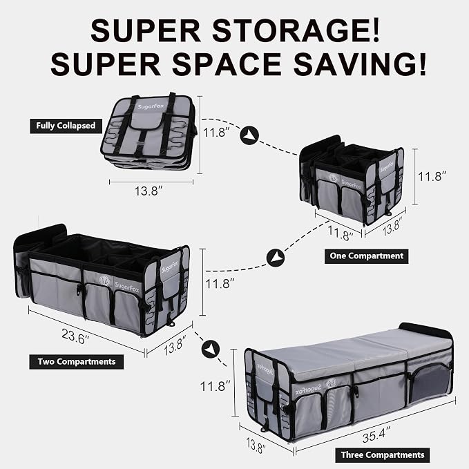 SugarFox Bold Color Block Trunk Organizer | 95L, 35"x13.8"x11.8" | Dedicated Shoe Storage & 26L Ice Pack | Foldable for SUV/Car/Jeep | Car Accessories for Men & Women - Gray-X212 - Image 4