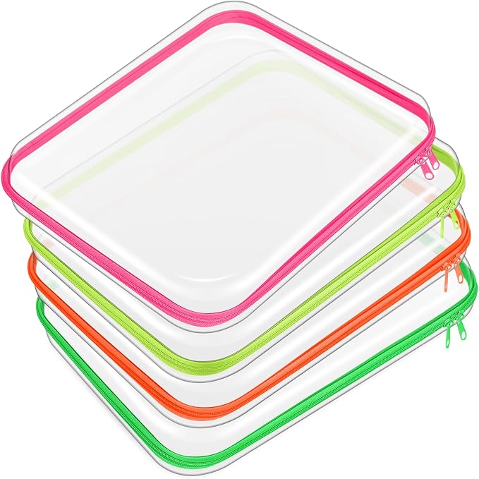 Hoolerry 4 Pcs Hard Clear Zipper Case Makeup Bags Plastic Zipper Pouch Transparent Storage Box Containers for Cosmetics, Snacks, Building Blocks, Puzzles(Clear,13.8 x 11.8 x 2 in,Fluorescent) by Hoolerry