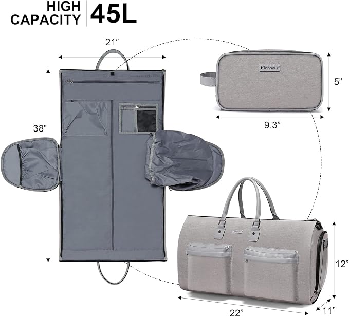 Modoker Convertible Garment Bag with Shoulder Strap, Carry on Garment Duffel Bag for Men Women - 2 in 1 Hanging Suitcase Suit Travel Bags, Light Grey - Image 2