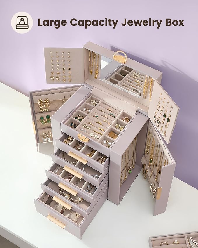 Lolalet Large Jewelry Box Organizer for Women, 6-Layer Jewelry Organizers and Storage Case with Mirror & 5 Drawers, Lockable Watch Ring Earring Bracelet Necklace Holder Girls Gift -6Layer, HazePurple - Image 2