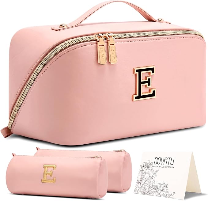 BOYATU Makeup Bag Gift for Women: 3-in-1 Travel Personalized Cosmetic Bag | Initial Make up Bag - Monogram A-Z - Vegan Leather Flat Open Toiletry Organizer - Ideal Gift Set for Birthday Graduation by BOYATU