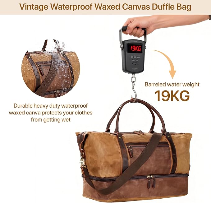 Waxed Canvas Duffel Bag with Shoe Compartment | 3-Piece Oversized Weekender Set Genuine Leather Trim Vintage Travel Carry-On Overnight Bag - Image 6