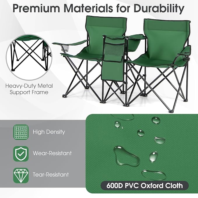 Goplus Double Camping Chair with Umbrella, Folding Loveseat Chairs w/Canopy Shade, Carrying Bag, Table, Cup Holder, Portable Beach Chairs Outdoor Picnic Patio (Green) - Image 4