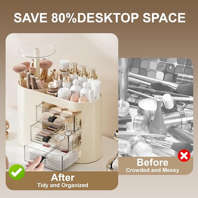 DASITON Makeup Organizer with 3 Drawers,Automatic Lifting Makeup Brush Holder with Lid,Large Capacity Makeup Organizers for Vanity,Bathroom Countertop,Ideal Storage Skin Care,Brushes,Lipstick (Cream) - Image 3