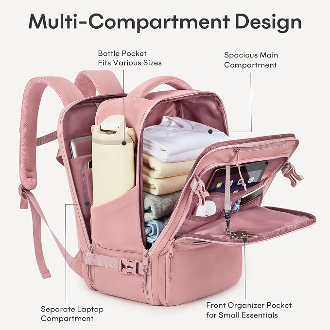mibasies 30L Travel Backpack for Women & Men: Carry On Luggage Flight Approved, TSA Laptop Backpack with Water Bottle Pocket, Personal Item Bag Fits 15.6" Laptop for Weekender Business - Dark Pink - Image 4