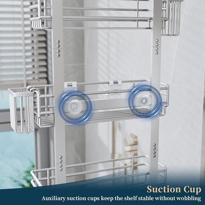 Consumest Over The Door Shower Caddy - 5 Tier Adjustable Shower Organizer Hanging with 2 Toothbrush Holders & 4 Hooks, Rustproof Organizer Shelf, Storage Rack for Bathroom, Silver - Image 5