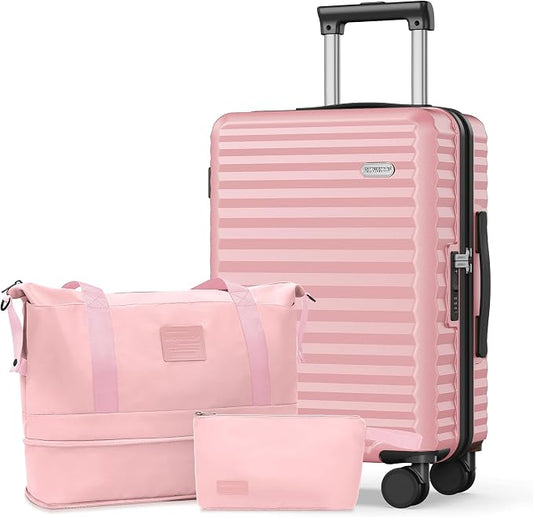 SHOWKOO Suitcase Hardside Expandable Luggage Set, Suitcase with Double Spinner Wheels TSA Lock 3 Piece Set Pink (DB/TB/24in) by SHOWKOO