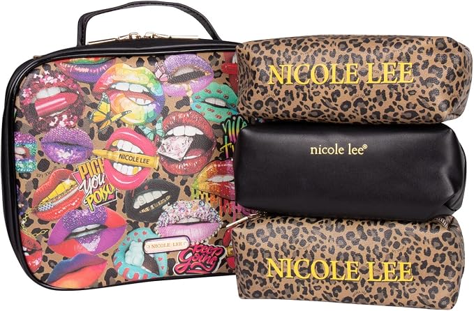 Nicole Lee Travel Handbag Crossbody Set with 3 Fashion Print Makeup Pouches, Women's Cosmetic Toiletry Organizer (All Emotion) by NicoleLee