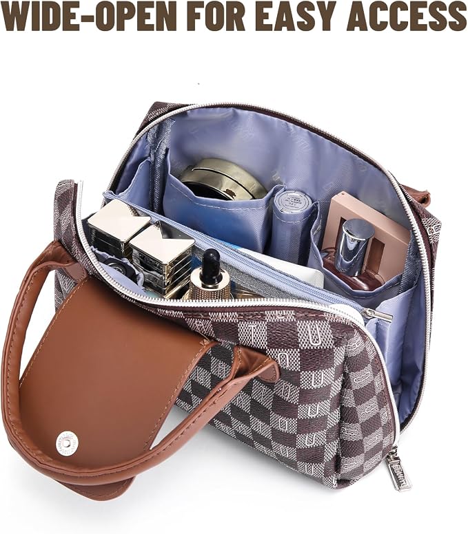 BOYATU Checkered Makeup Bag Organizer with Handle: Large Travel Cosmetic Bag Holds 10+ 100ml Full-Size Bottles for Date & Trip - Waterproof Leather Toiletry Pouch 3-sec Touch-up for Chic Woman(Coffee) - Image 4