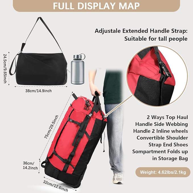 Vomgomfom 86L Foldable Duffle Bag with Wheels - Waterproof Rolling Travel Bag, Collapsible Luggage No Telescopic Handle, for Men Women Camping Sports Weekend Trips，Red - Image 4