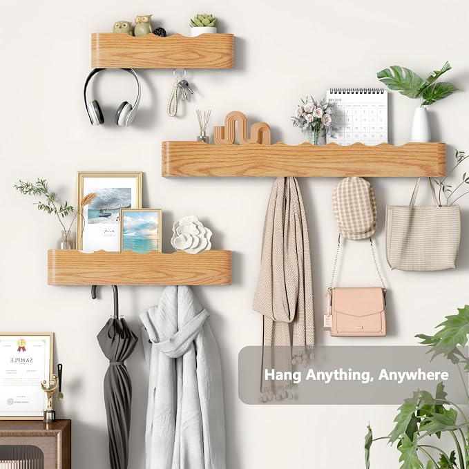 Wall Mounted Coat Rack with Shelf, Wooden Entryway Organizer with Hidden Metal Hooks for Hanging Coats Bags Keys, Modern Floating Shelf for Hallway Bathroom - Image 5