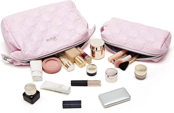 BOYATU Travel Makeup Bag Cosmetic Pouch: 2 Pcs Set Waterproof Vegan Leather Cosmetic Bags for Women - Cute Quilted Skincare Make up Toiletry Bag for Girl (01-Pink) - Image 4