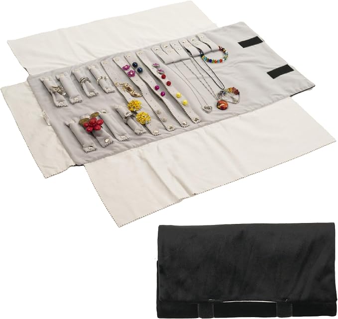 Large and Compact Soft Velvet Jewellery Roll - Women's Jewellery Box for Travel with More Than 50 Slots for Rings, Necklaces, Earrings and Bracelets (Black/Grey) by Unknown