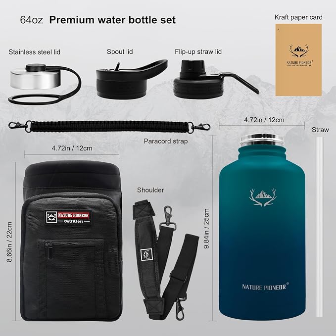 NATURE PIONEOR 64 oz Insulated Water Bottle with Carrier Bag & 3 Lids | 18/8 Food-grade Stainless Steel, Double Vacuum Insulation, 3 Leak-proof Lids, Strap, Camping, Hiking, Gym, Work - Image 5