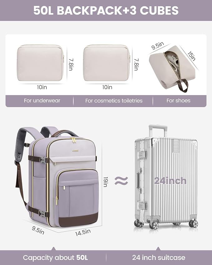 LOVEVOOK 50L Travel Backpack for Women & Men - 18 Inch Carry On Backpack & Personal Item Backpack for Airlines, Spacious and Durable Design, with 3 Packing Cubes - Image 3