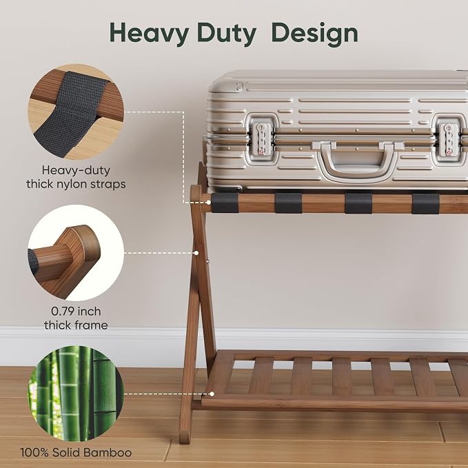 Smart FENDEE Set of 2 Fully Assembled 26.77" Dark Walnut Luggage Racks with Foldable Shoe Shelf, 5 Heavy-Duty Straps Bamboo Suitcase Stand, Luagge Holders for Guest Room Bedroom, Hotel - Image 2