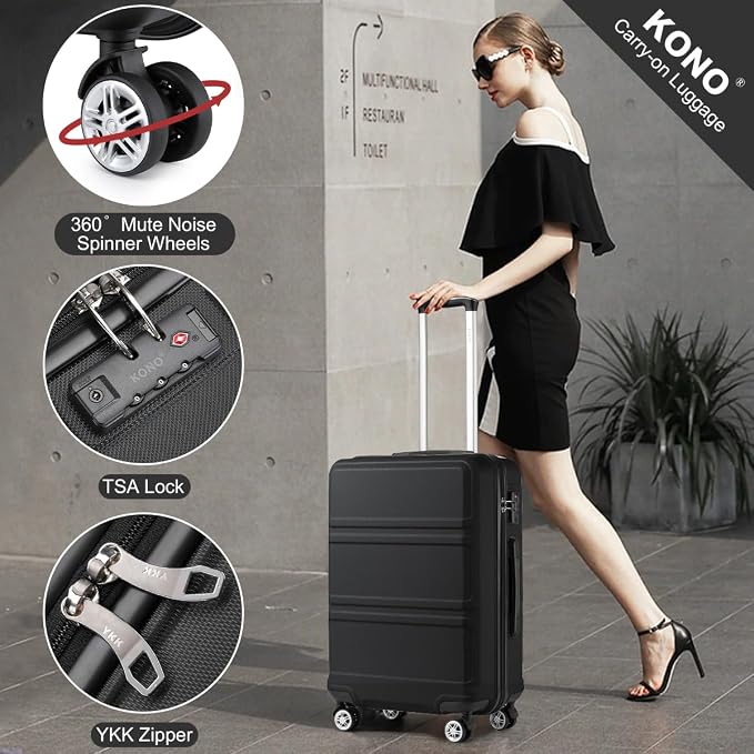 Kono 24 Inch Luggage Suitcase with Spinner Wheels TSA Lock | Lightweight PC+ABS Hardside Medium Checked Luggage Durable Rolling Suitcase Black - Image 4