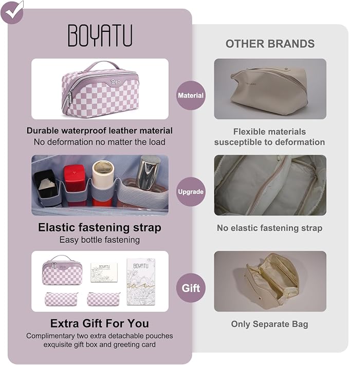 BOYATU Travel Makeup Bag Organizer Cosmetic Bag: 3 Pcs Set Make up Bags for Women with Handle - Waterproof Vegan Leather Toiletry Bag (01-G-Purple) - Image 2