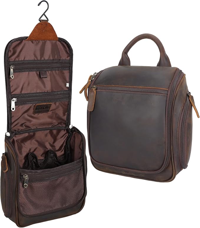 Masa Kawa Leather Hanging Travel Toiletry Bag for Men Portable Expandable Camping Cosmetics Makeup Toiletries Organizer Vintage Bathroom Shaving Kit Brown Wash Bags by MasaKawa