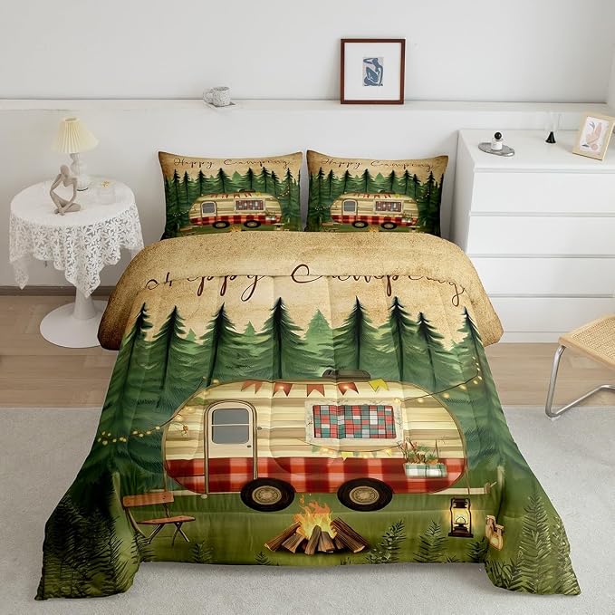 Erosebridal RV Camper Comforter Set for Kids Boys Girls,Camper Themed Bedding Set Full,Mountain Woodland Jungle Bedding Comforter Sets,Farm Wood Barn Camping Duvet Insert with 2 Pillowcases - Image 2