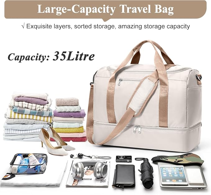 Travel Duffel Bag,Carry-On Overnight Weekender Bags with Shoes Compartment | Travel Bag with Wet Pocket & Luggage Sleeve, For Spirit Airlines 18x14x8 Personal Item Bag,Small,Beige & Brown - Image 3