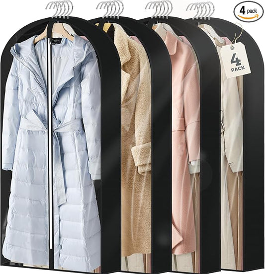 4 pack 60" Clear Garment Bags for Hanging Clothes, Suit Bags for Closet Storage, Clothing Storage, Garment Bags for Travel Covers with 4" Gussets for Coats, Jackets, Shirts, Dresses & Sweater, Black by AURUZA