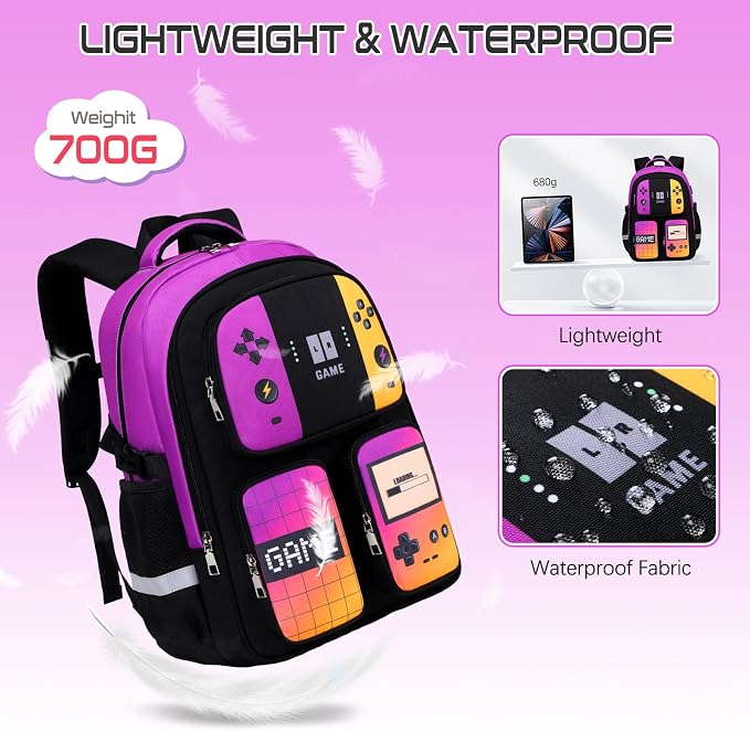 Gamer Backpack for Boys , 3PCS Boys Backpack with Lunch Box & Pencil Pouch, Waterproof School Bags for Boy Kids Children Teens, Elementary Middle School, Kids Book Bag Casual Daypack (Pueple Yellow) - Image 4