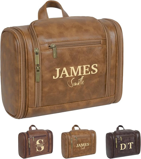 Personalized Leather Toiletry Bag, Brown, Three Layer Structure, Waterproof, Customizable Name Engraving, Travel Organizer for Men, Multi-Occasion Gift (UK1008) by Handmade