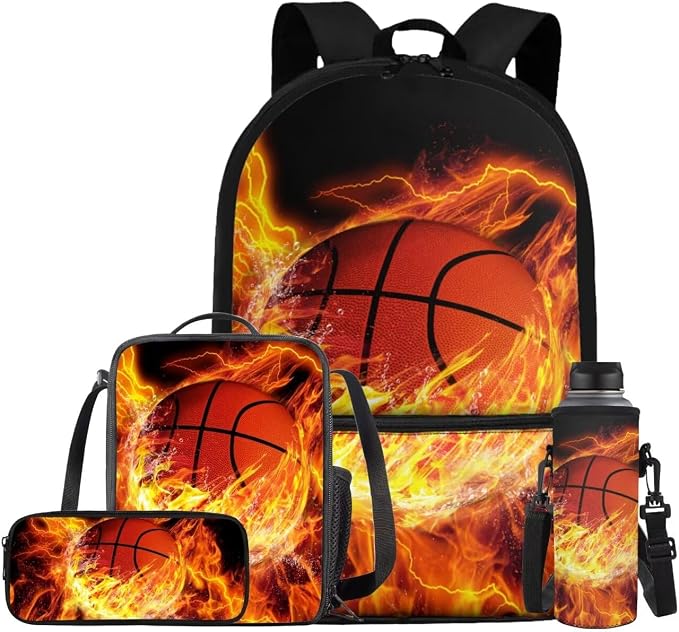 Basketball Backpack for Boys Kids Backpack with Lunch Box Water Bottle Bag and Soft Pencil Case 4PCS Set Bookbag with Front Pocket for School Teens 17 inch Large Capacity School Bag for Girls by ELEDIZI