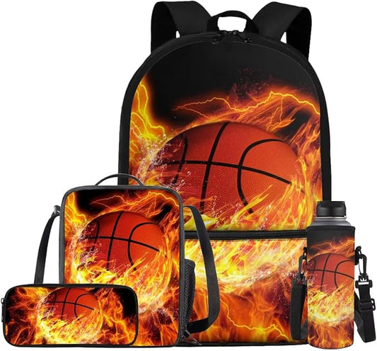Basketball Backpack for Boys Kids Backpack with Lunch Box Water Bottle Bag and Soft Pencil Case 4PCS Set Bookbag with Front Pocket for School Teens 17 inch Large Capacity School Bag for Girls by ELEDIZI