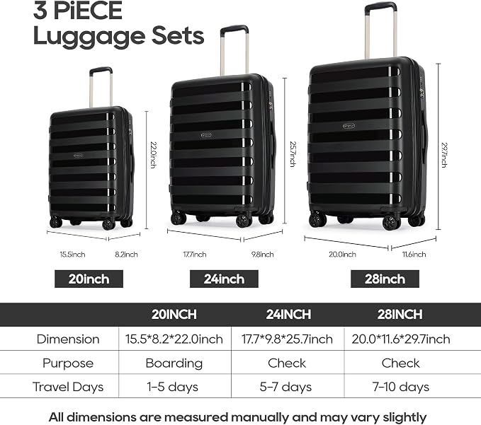 GinzaTravel PP material 3-piece expandable luggage sets with Spinner Wheels， Suitcase with TSA Lock，Large Luggage for Family Travel carry on 20/24/28，Black color - Image 9