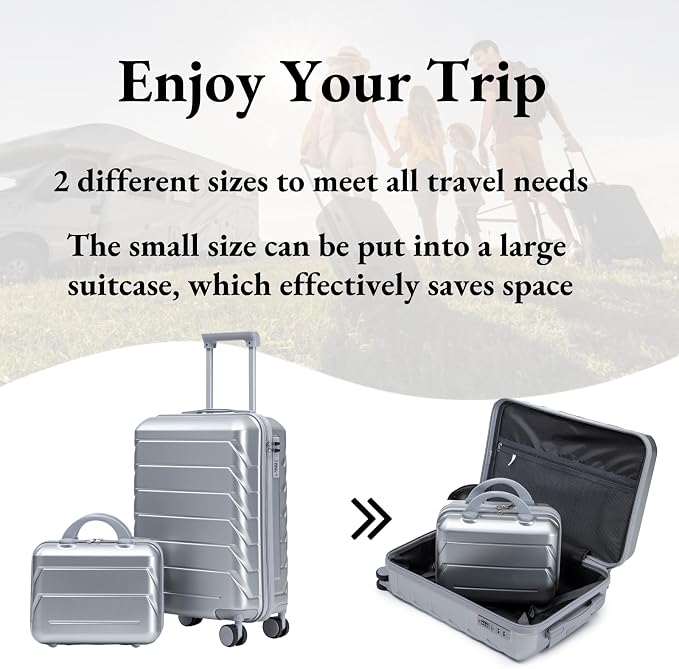 2-Piece ABS Hard Shell Lightweight Carry-On Luggage Set (14" & 20"), 360-Degree Spinner Wheels, Adjustable Telescopic Handle and Combination Lock for Travel, Silver - Image 2