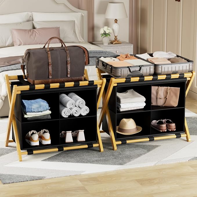 Folding Luggage Rack, 2-Pack Natural Bamboo Suitcase Stands with 4 Storage Compartments , Sturdy Luggage Holders for Guest Room, Bedroom, Hotel - Image 2