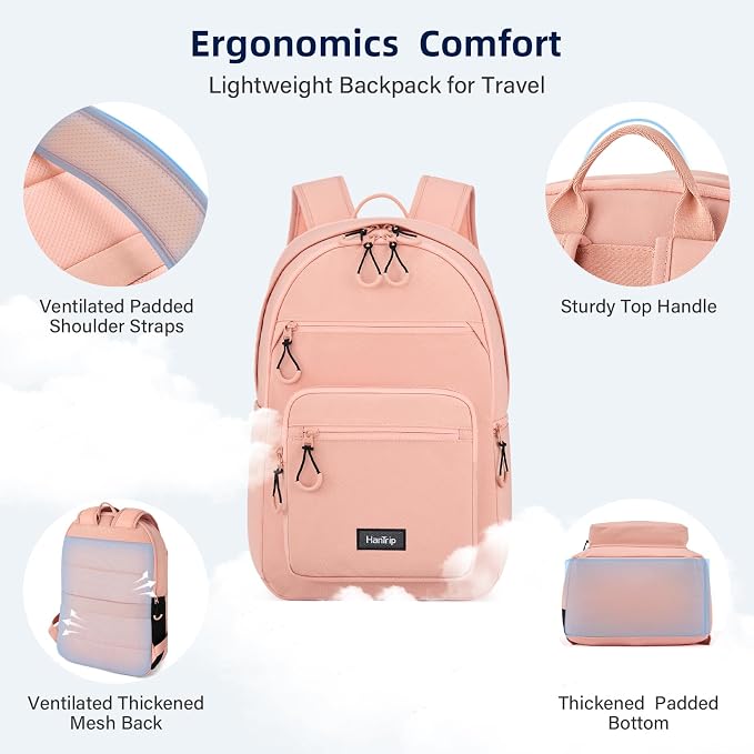 HanTrip Carry On Travel Backpack For Women, 18 Inch Water Resistant Large Backpack Lightweight Bookbag For Men, 8x14x18 Personal Item Bag Casual Daypack Backpacks For Work Office Commuter (Pink) - Image 5
