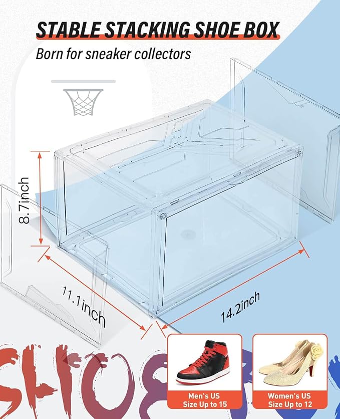 KDOR Shoe Box Clear Plastic Stackable for Sneakers,Closet,Hat. 10 Pack Sneaker Storage Boxes with Magnetic Door, Acrylic Display Case, Strong and Sturdy Fit Shoe Size Up to US 15 - Image 2