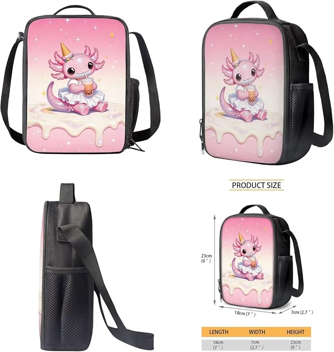Axolotl Back to School Backpack Set for Girls, 17'' 4-Piece Cute Bookbag with Insulated Lunch Bag, Ice Cream Boba Tea Pencil Case, Lightweight School Bag for Kids Age 6-12 - Image 5