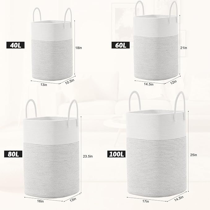 Laundry Basket,Woven Cotton Rope Laundry Hamper,Versatile Storage for Dirty Clothes,Baby Toys,and Blankets in Bathroom, Nursery,and Living Room (White, 60L) - Image 3