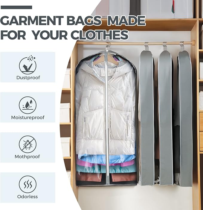 6 pcs 40" Garment Bags for Hanging Clothes, Clear Suit Bags for Closet Storage Clothing Storage, Garment Bags for Travel Covers with 4" Gussets for Coats, Jackets, Shirts and Sweater - Image 2