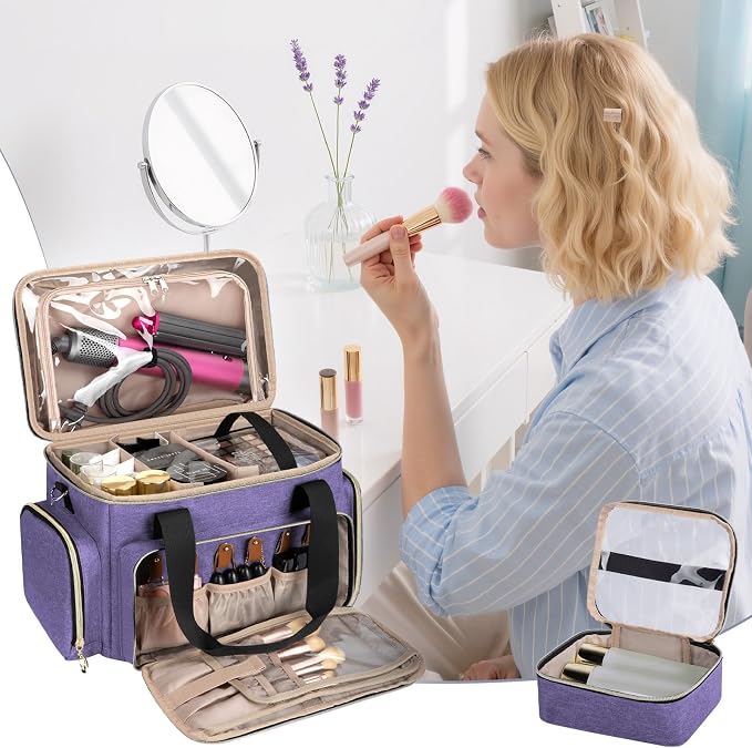 GDNasist Large Makeup Bag, Portable Travel Makeup Bag Organizer for Women Girls with 2 Removable Pouches & Detachable Dividers, Cosmetic Travel Bag, Toiletry Bag for Makeup and Hair Supplies, Purple - Image 5
