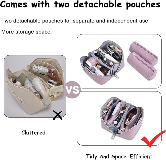 BOYATU Travel Makeup Bag Organizer Cosmetic Bag: 3 Pcs Set Make up Bags for Women with Handle - Waterproof Vegan Leather Toiletry Bags Travel Essentials Pouch with Compartments (C-06-Purple) - Image 6