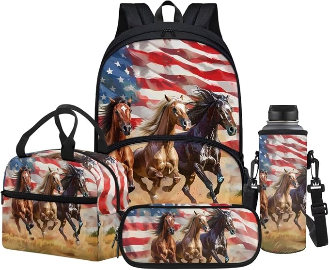 POLERO American Flag Horse Backpack and Lunch Box Set with Pencil Case Water Bottle Holder Teen Kids School Bookbag Daypack by WelcometoPOLERO