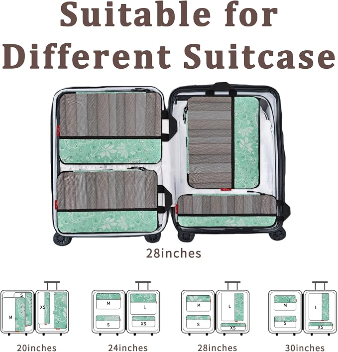 U+U 4 Set Compression Packing Cubes - Ultralight Travel Organizers, Space-Saving Suitcase Organizer, Expandable Packing Cubes for Travel, Business Trip and Family Vacation (Green Paisley) - Image 6