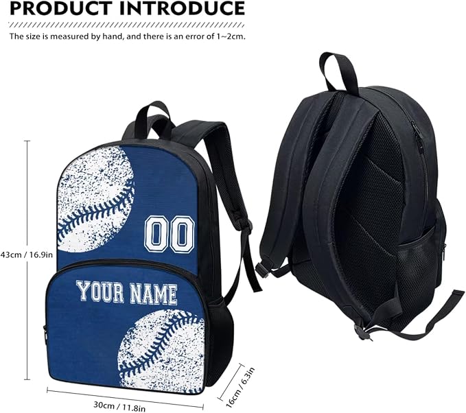 Boys Custom Baseball Blue School Backpacks Bookbags Laptop Daypack Knapsack Lunch Bag Pen Carrying Case Pouch Water Bottle Holder Bags with Name and Number for Girls Back to School - Image 2