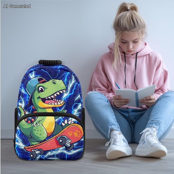Skateboard Flash Dinosaur Backpack for Boys 6-12 Kids Backpack with Lunch Box Zipper Pencil Pouch Portable Student Backpacks for Teenagers Preschool Elementary Kindergarten Primary School - Image 2