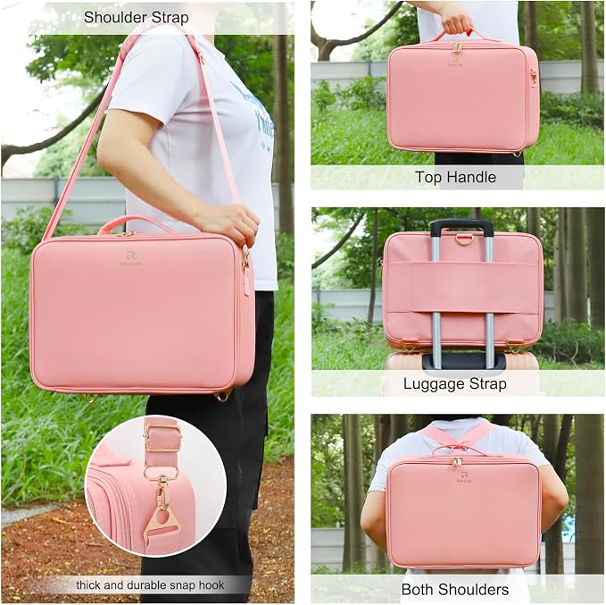 Chomeiu Makeup Bag with LED Mirror, Large Train Case for Makeup Artists, 16.2 inches Travel Professional Cosmetic Organizer with Light Up Mirror, 3 Color Lights, Brush Holder & Shoulder Strap (Pink) - Image 7