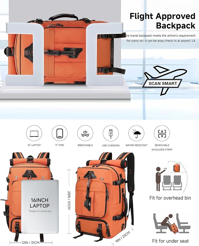 Travel backpack for men,40L Large Carry on Backpack Durable Convertible Duffle Bag with Shoe Compartment Fit for 16 Inch Laptop for travel, camping,Weekender Hiking Orange - Image 4