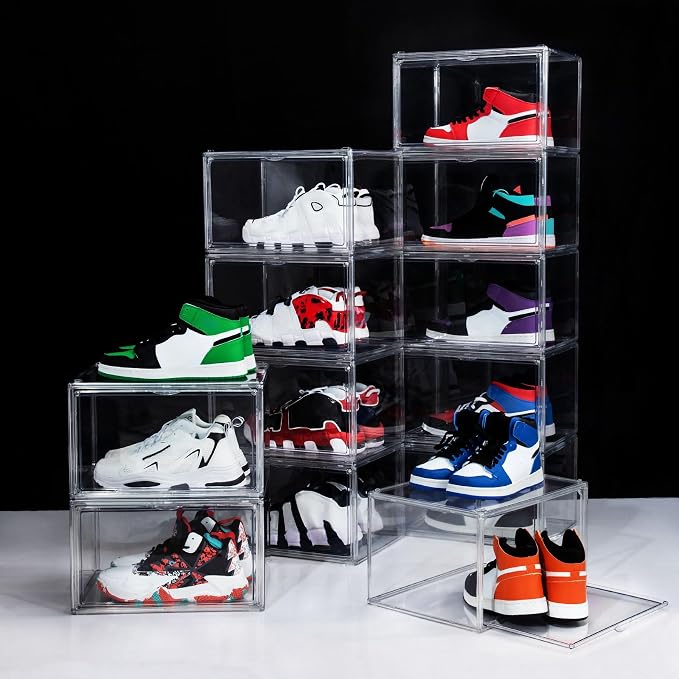 12 Pack Shoe Boxes, Clear Acrylic Stackable Plastic Sneaker Box Container, Magnetic Drop & Side Open Shoe Organizer Case Container With Lids Fits Up to Size 14 (Clear) - Image 2